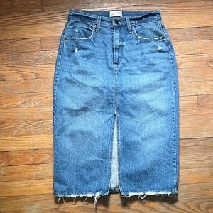 Distressed midi denim skirt with slit